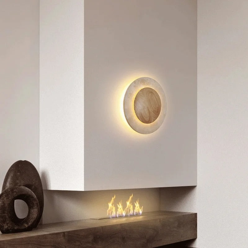 Applique murale cercle bois & pierre rétroéclairée | Luminaire mural au design naturel