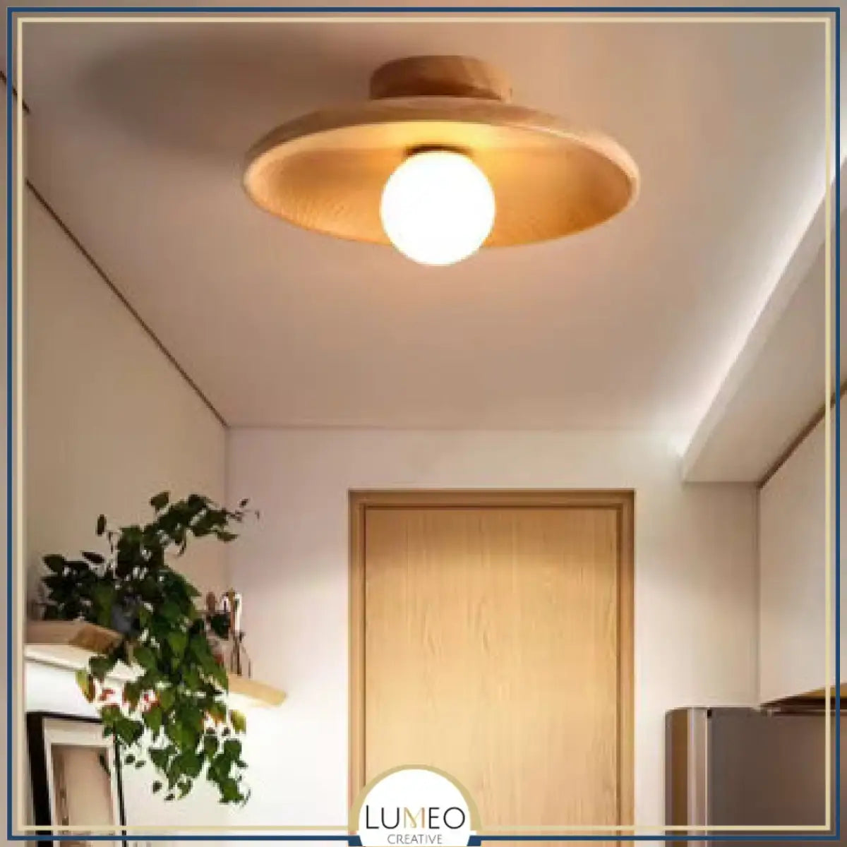 Plafonnier rond en bois naturel avec globe en verre | Design japandi Marron clair