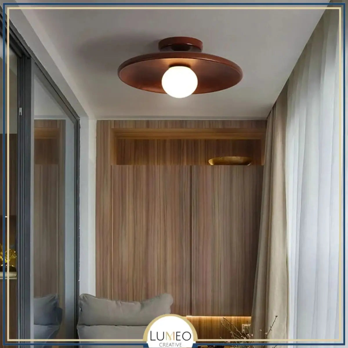 Plafonnier rond en bois naturel avec globe en verre | Design japandi Marron foncé