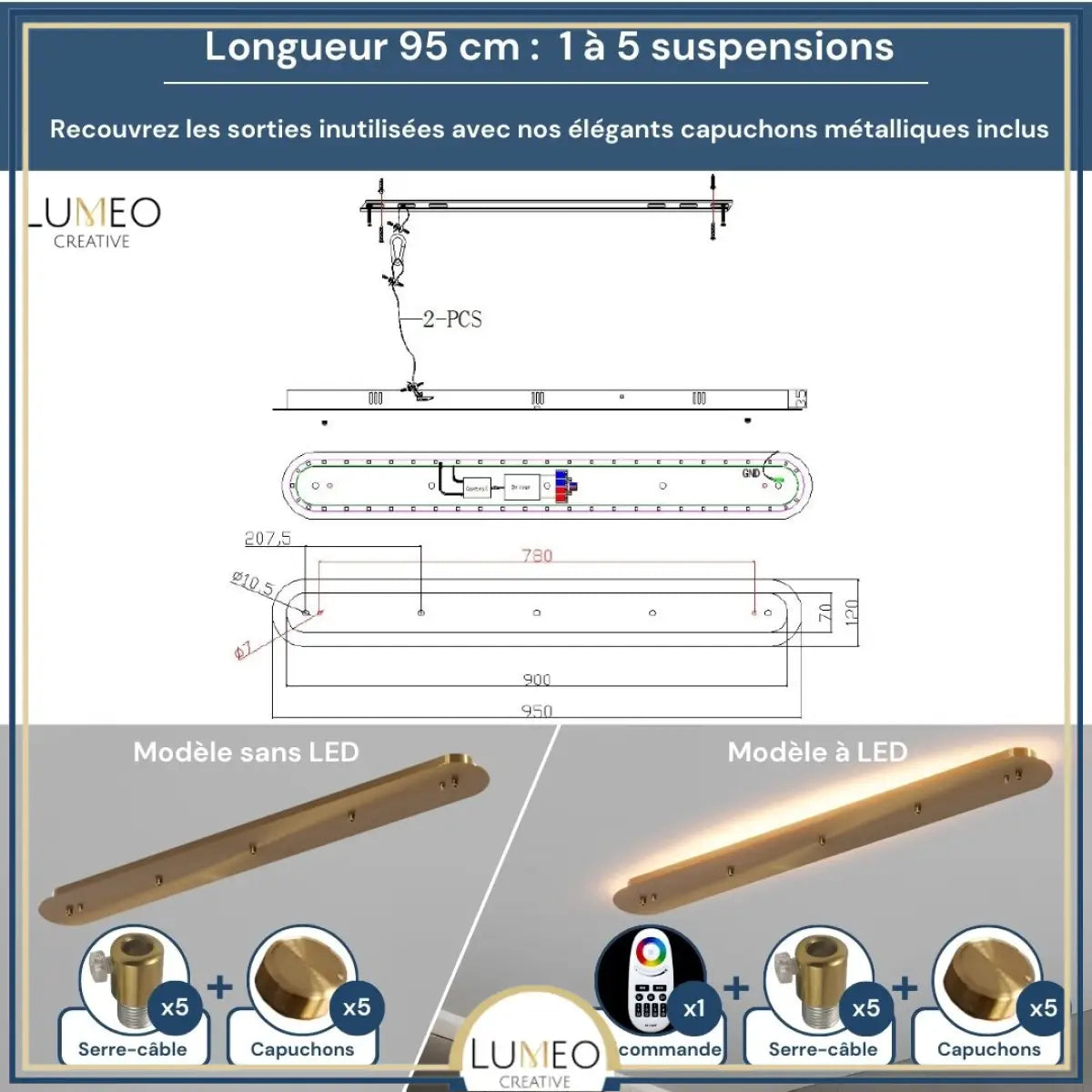 Socle de plafond rectangulaire pour suspensions multiples