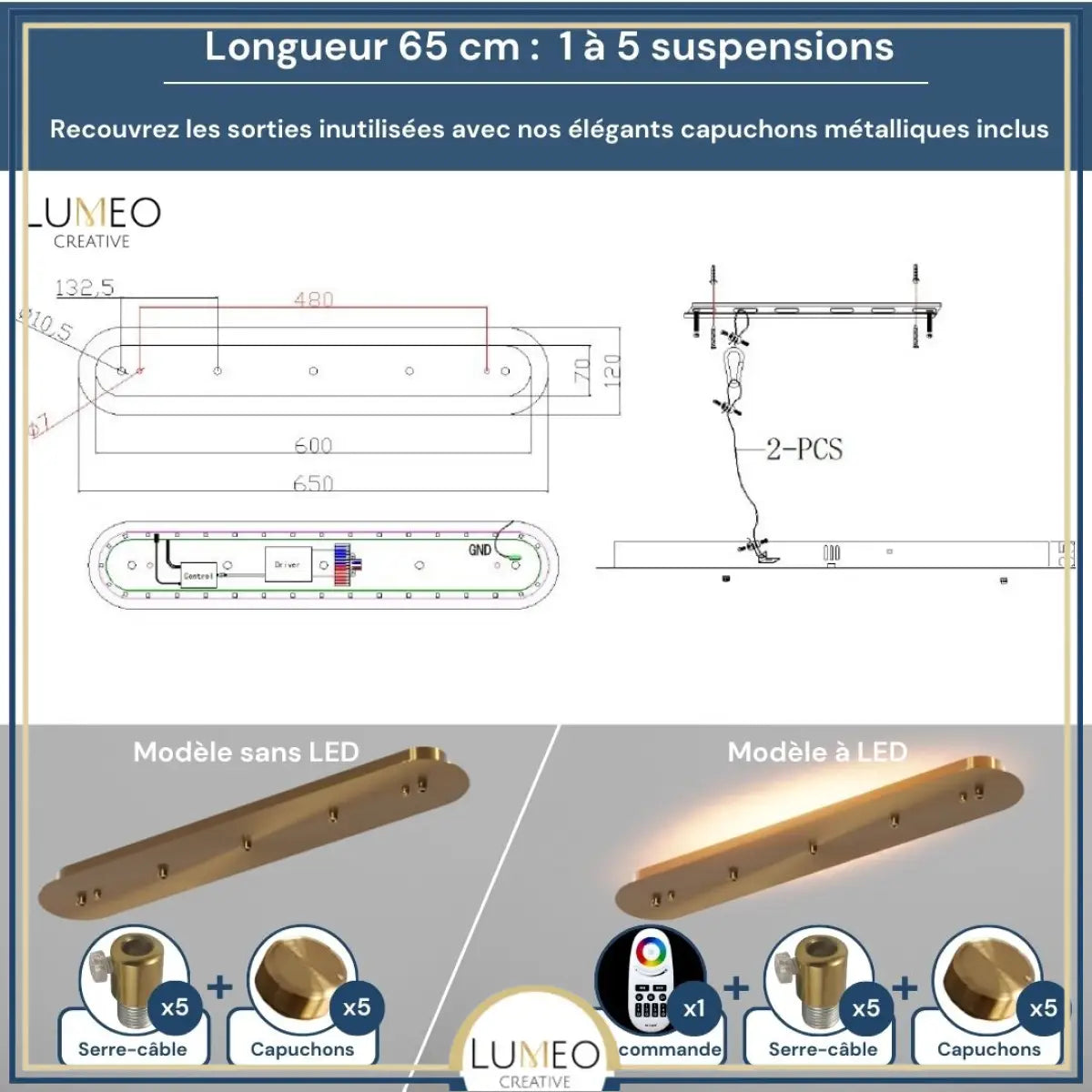 Socle de plafond rectangulaire pour suspensions multiples