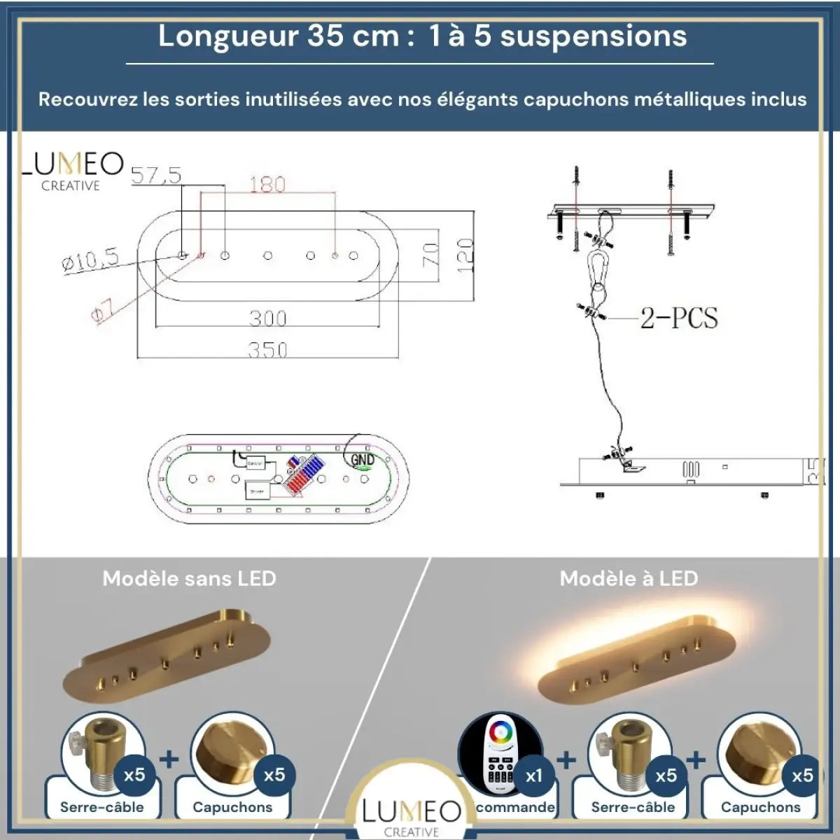 Socle de plafond rectangulaire pour suspensions multiples