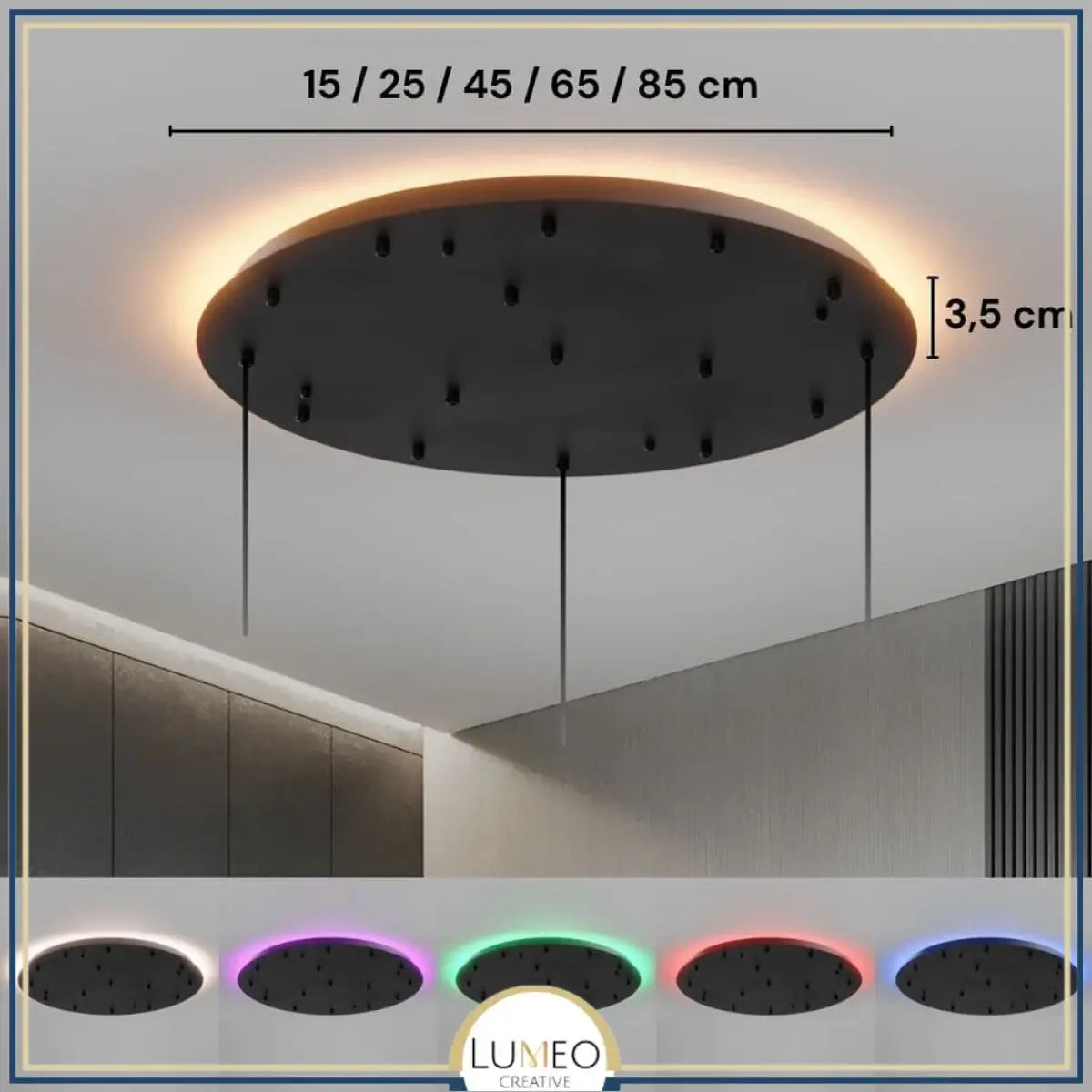 Socle de plafond rond pour suspensions multiples 25 cm (7 Trous) / Noir mat / Avec