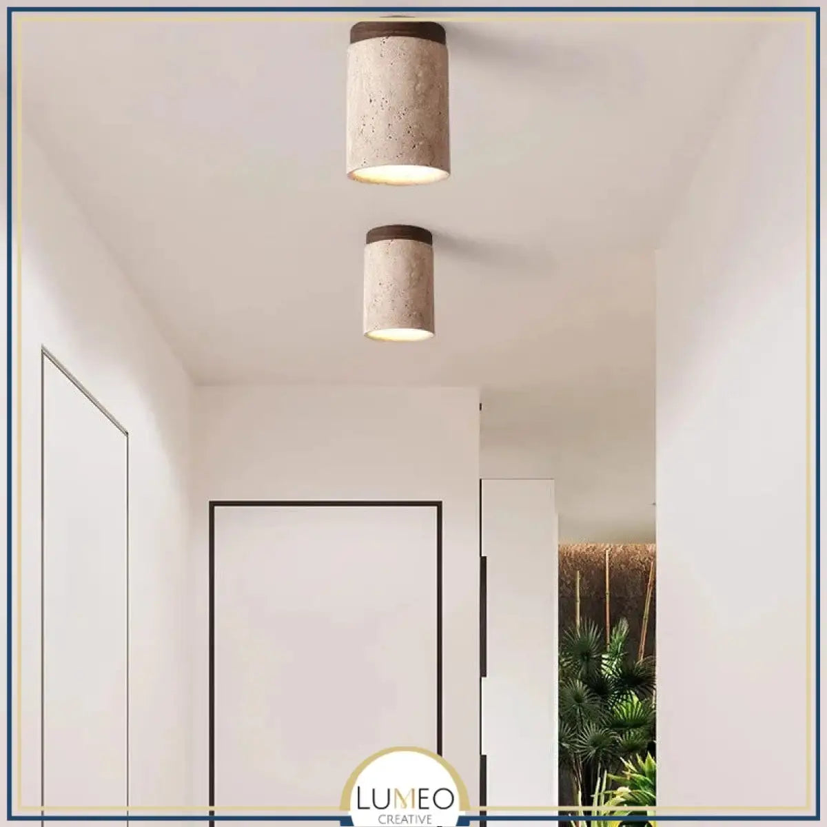 Spot plafond en travertin & bois | Élégance minérale naturelle