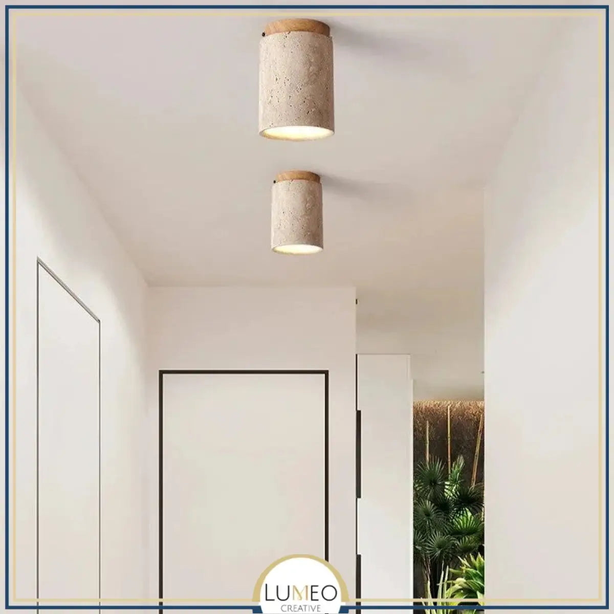 Spot plafond en travertin & bois | Élégance minérale naturelle