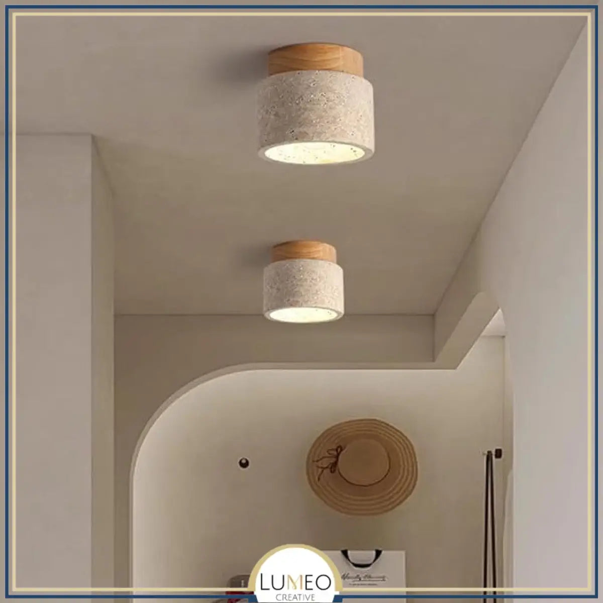 Spot plafond en travertin & bois | Élégance minérale naturelle