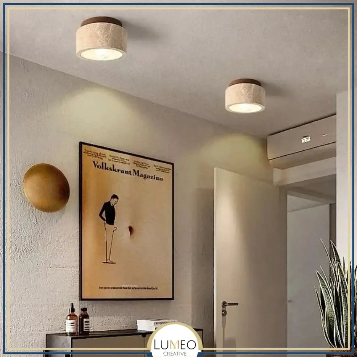 Spot plafond en travertin & bois | Élégance minérale naturelle