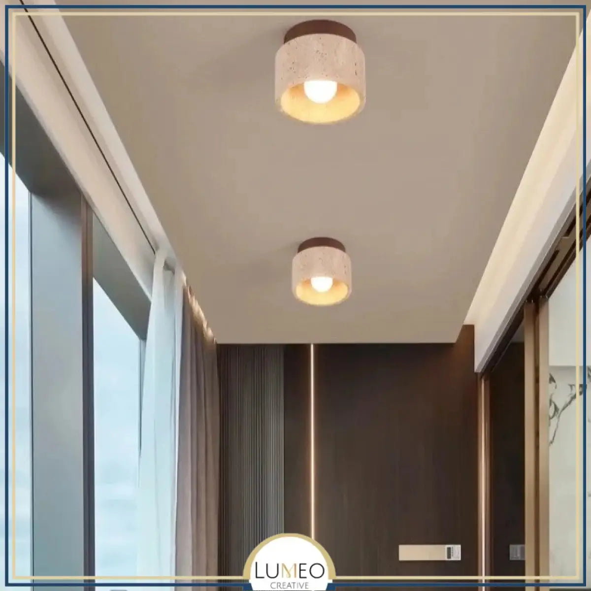 Spot plafond en travertin & bois | Élégance minérale naturelle