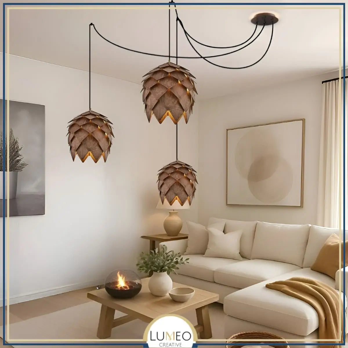 Suspension bois sculpté en forme de pomme de pin | Chic & naturel