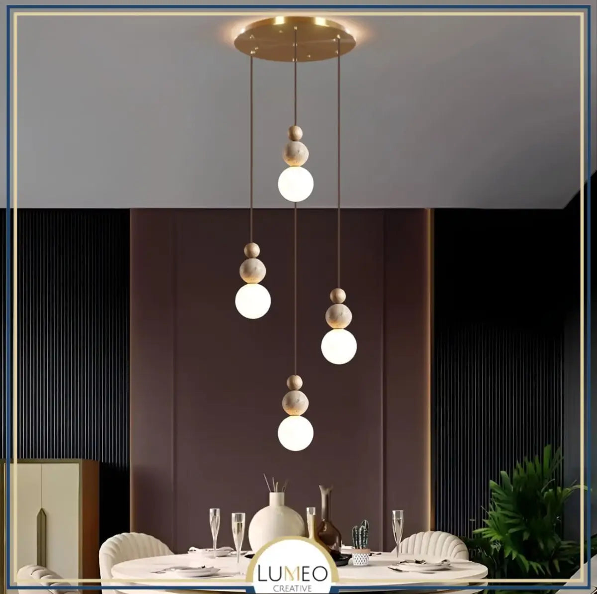 Suspension chic en verre opalin pierre naturelle et bois | PERLINE