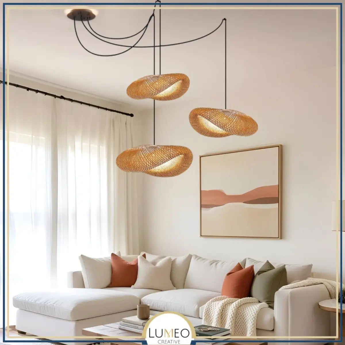 Suspension design en rotin tressé | Forme organique et chaleureuse