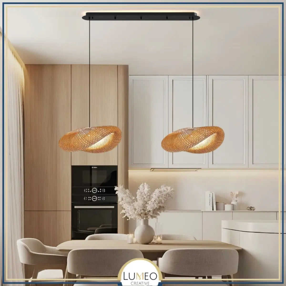 Suspension design en rotin tressé | Forme organique et chaleureuse