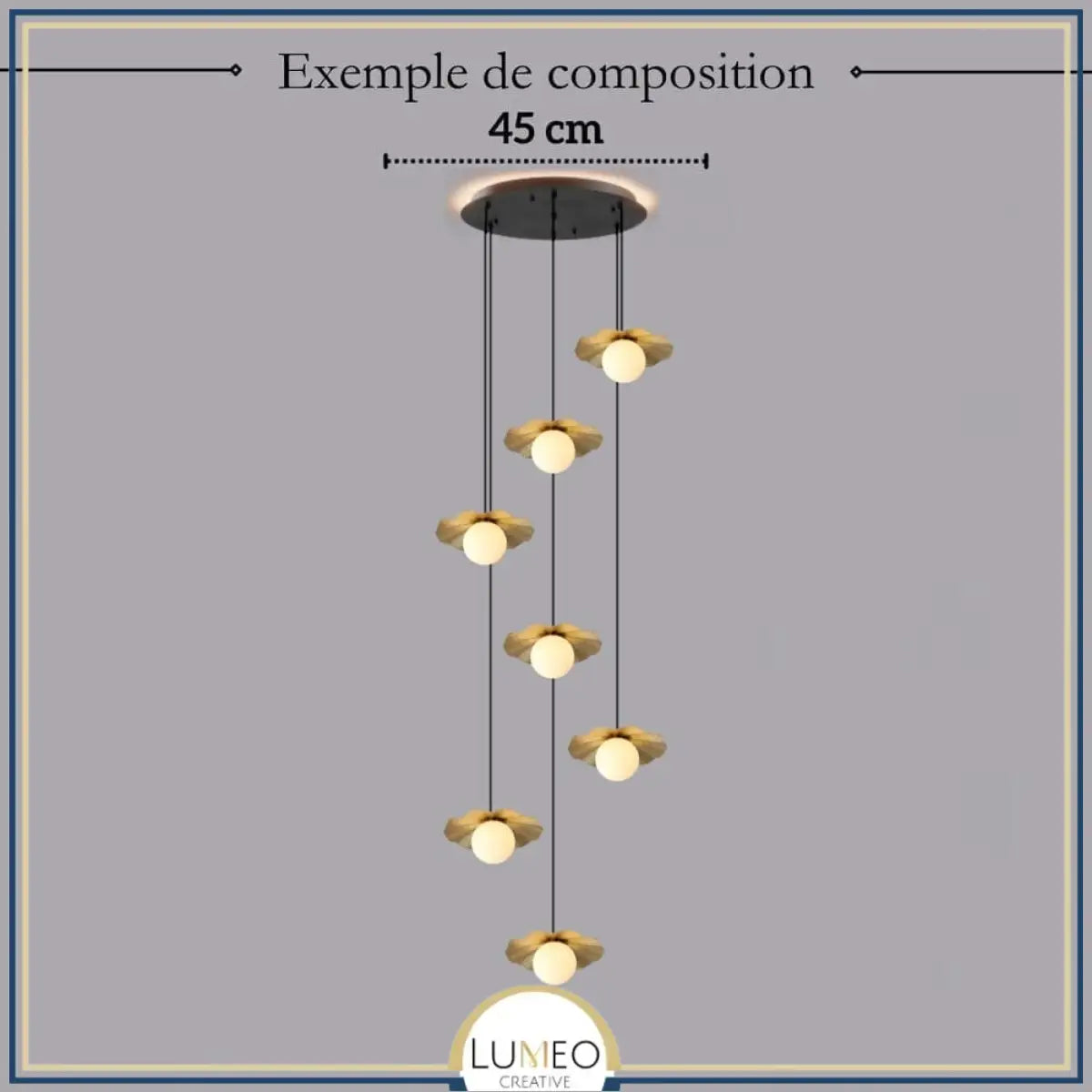 Suspension en cuivre et boule de verre opalin | Suspension lotus