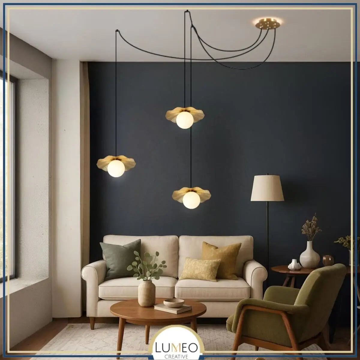 Suspension déportée style araignée en cuivre et verre dépoli