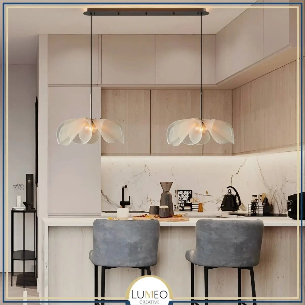 Suspension fleur en tissu pour ilot de cuisine moderne