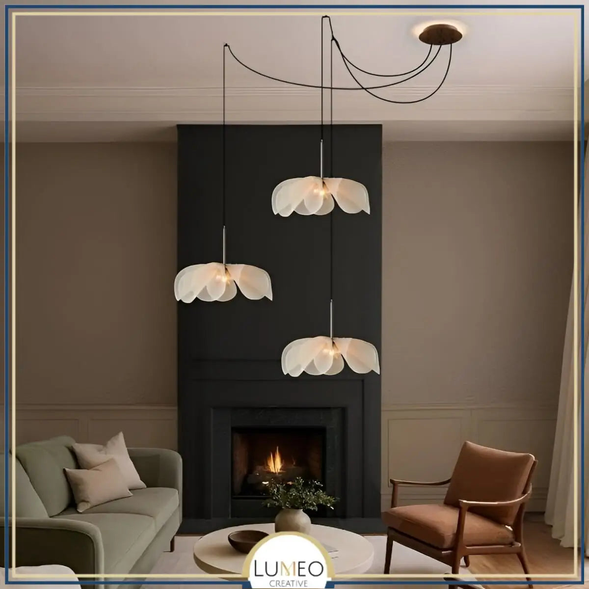 Suspension déportée fleur en tissu au style Japandi pour salon moderne