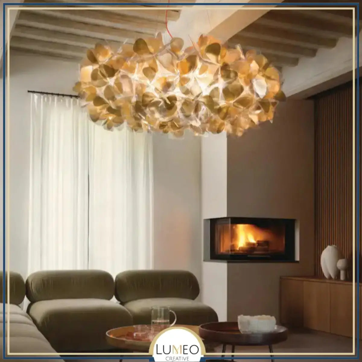 Suspension florale sculpturale noire Or / 53 cm / Blanc froid