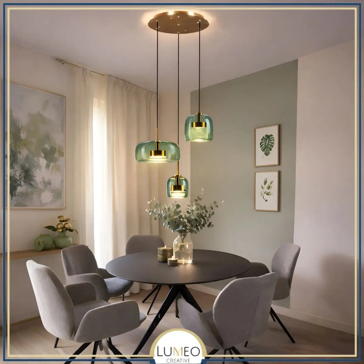 Lustre et suspension vert amande en verre soufflé