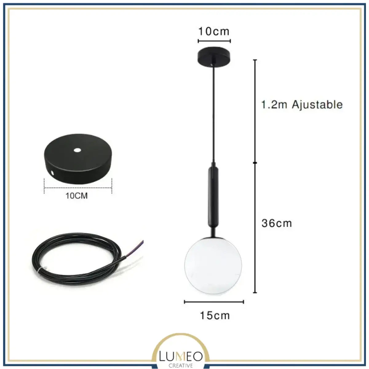 Suspension noir ou doré & boule en verre dépoli 15 cm | Noir / Tube / Blanc chaud