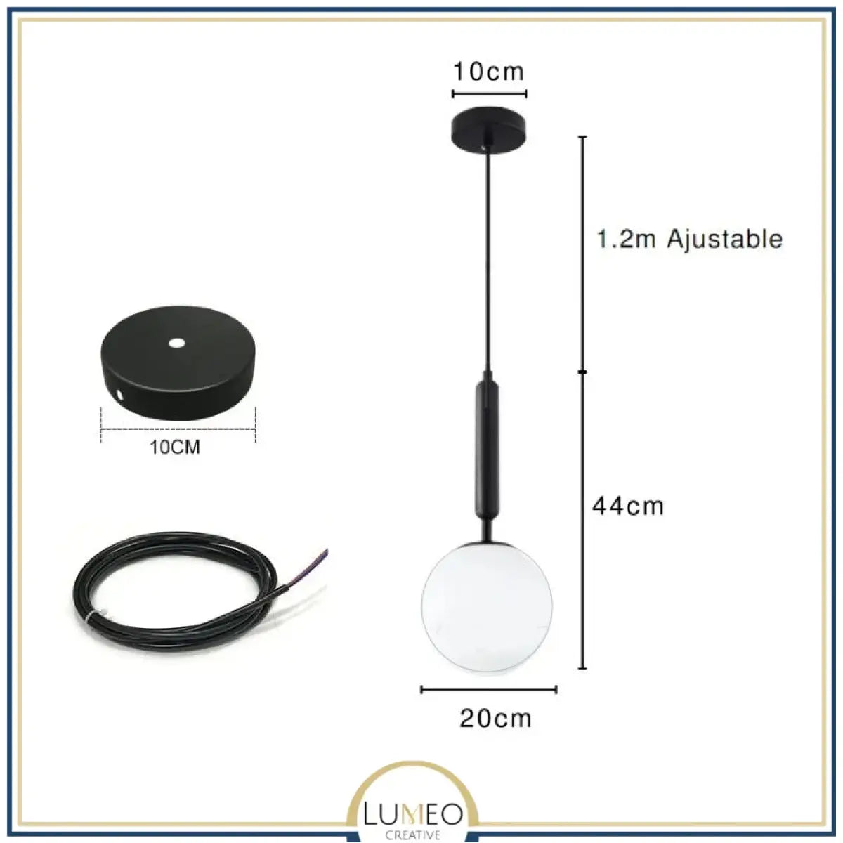 Suspension noir ou doré & boule en verre dépoli 20 cm | Noir / Tube / Blanc chaud