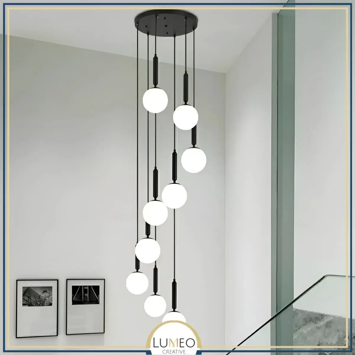 Suspension noir ou doré & boule en verre dépoli
