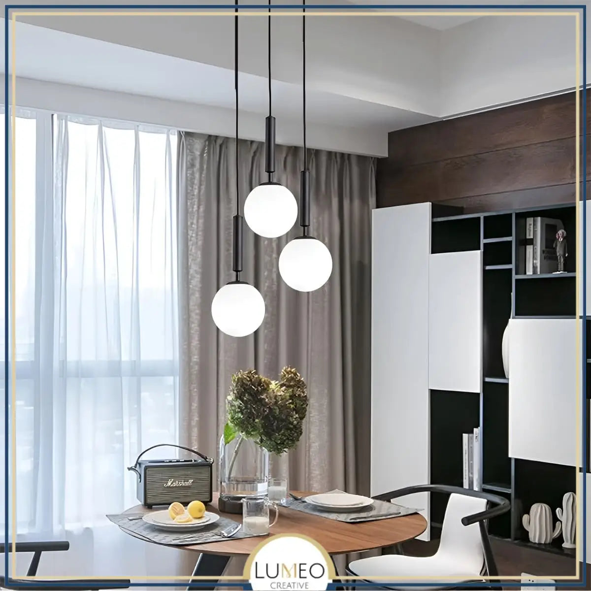 Suspension noir ou doré & boule en verre dépoli