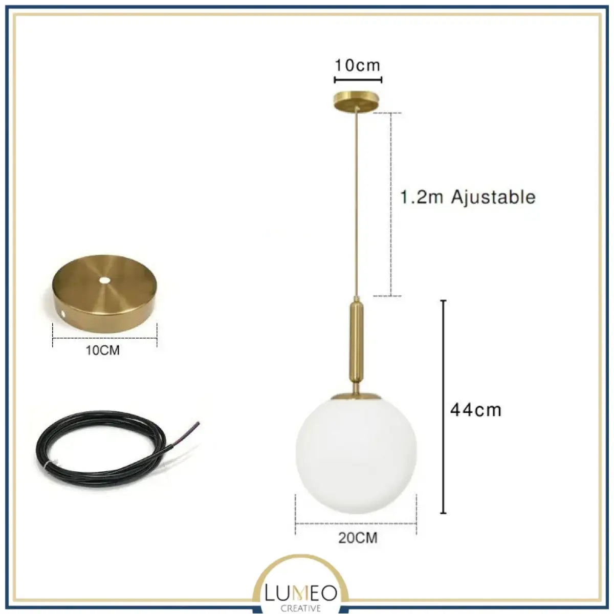 Suspension noir ou doré & boule en verre dépoli