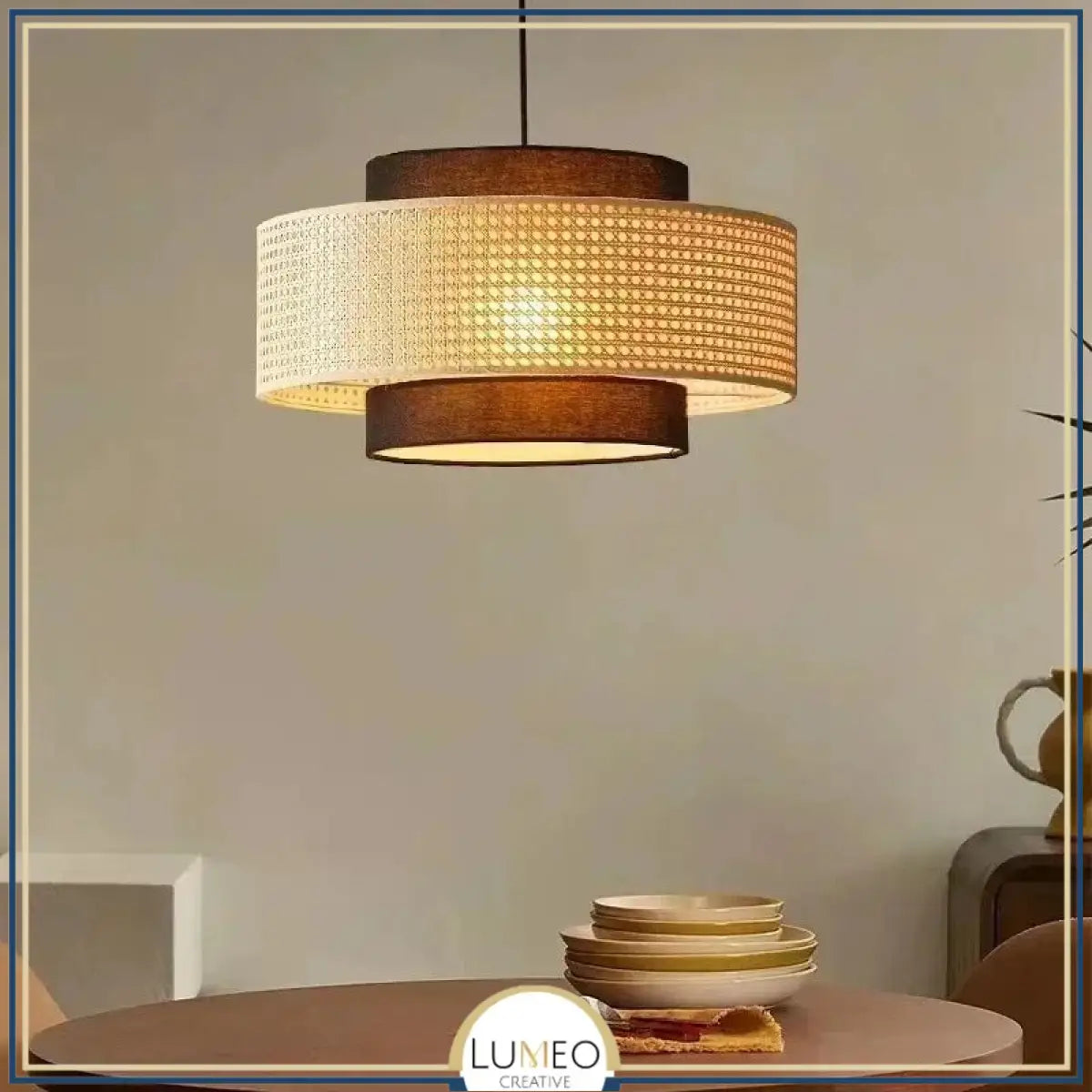 Suspension ronde en rotin tressé style bohème 40 cm / Marron / Blanc froid