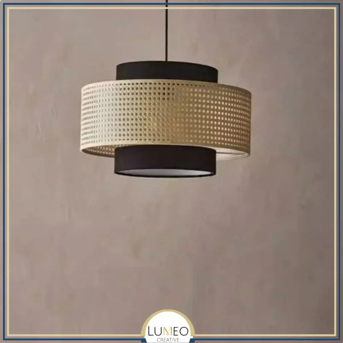 Suspension ronde en rotin tressé style bohème 40 cm / Noir / Blanc froid