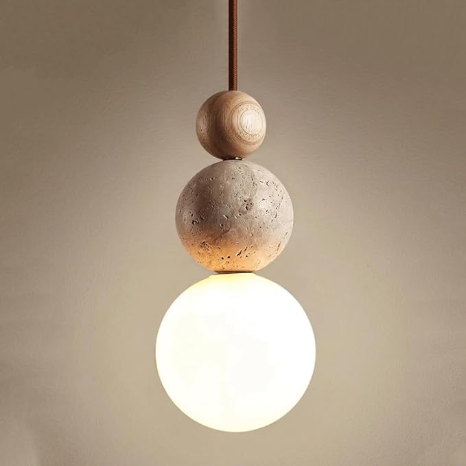 Suspension chic en verre opalin, pierre naturelle et bois | PERLINE