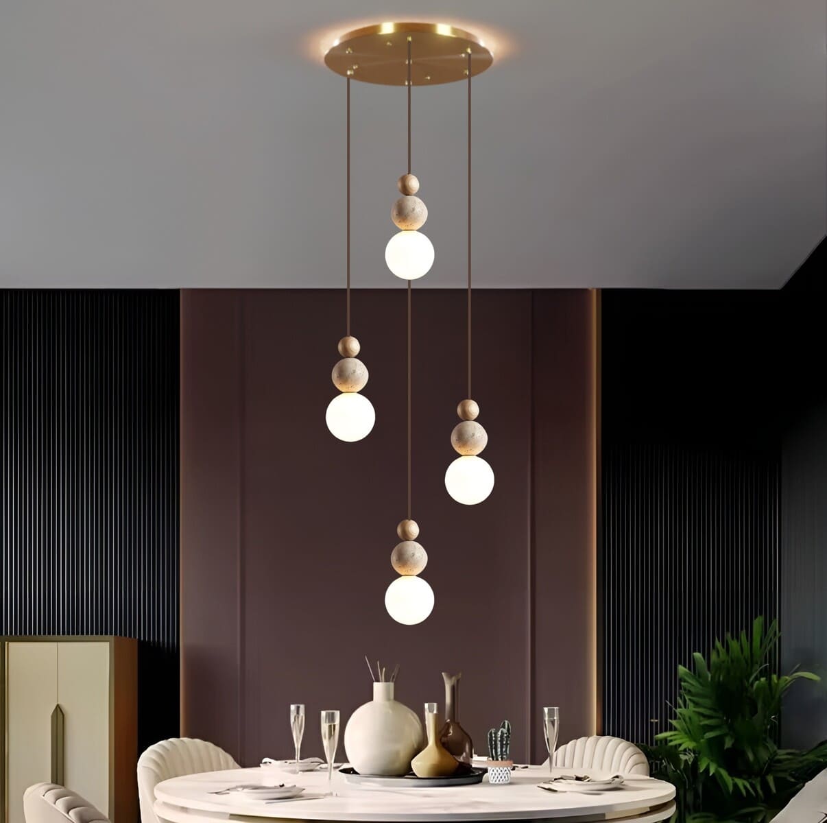 Suspension chic en verre opalin, pierre naturelle et bois | PERLINE