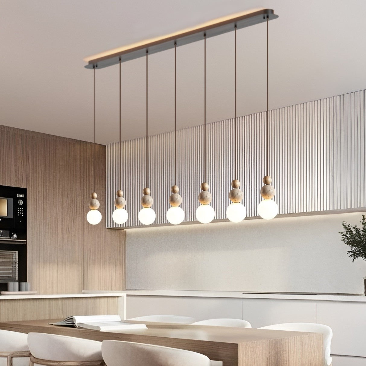 Suspension chic en verre opalin, pierre naturelle et bois | PERLINE