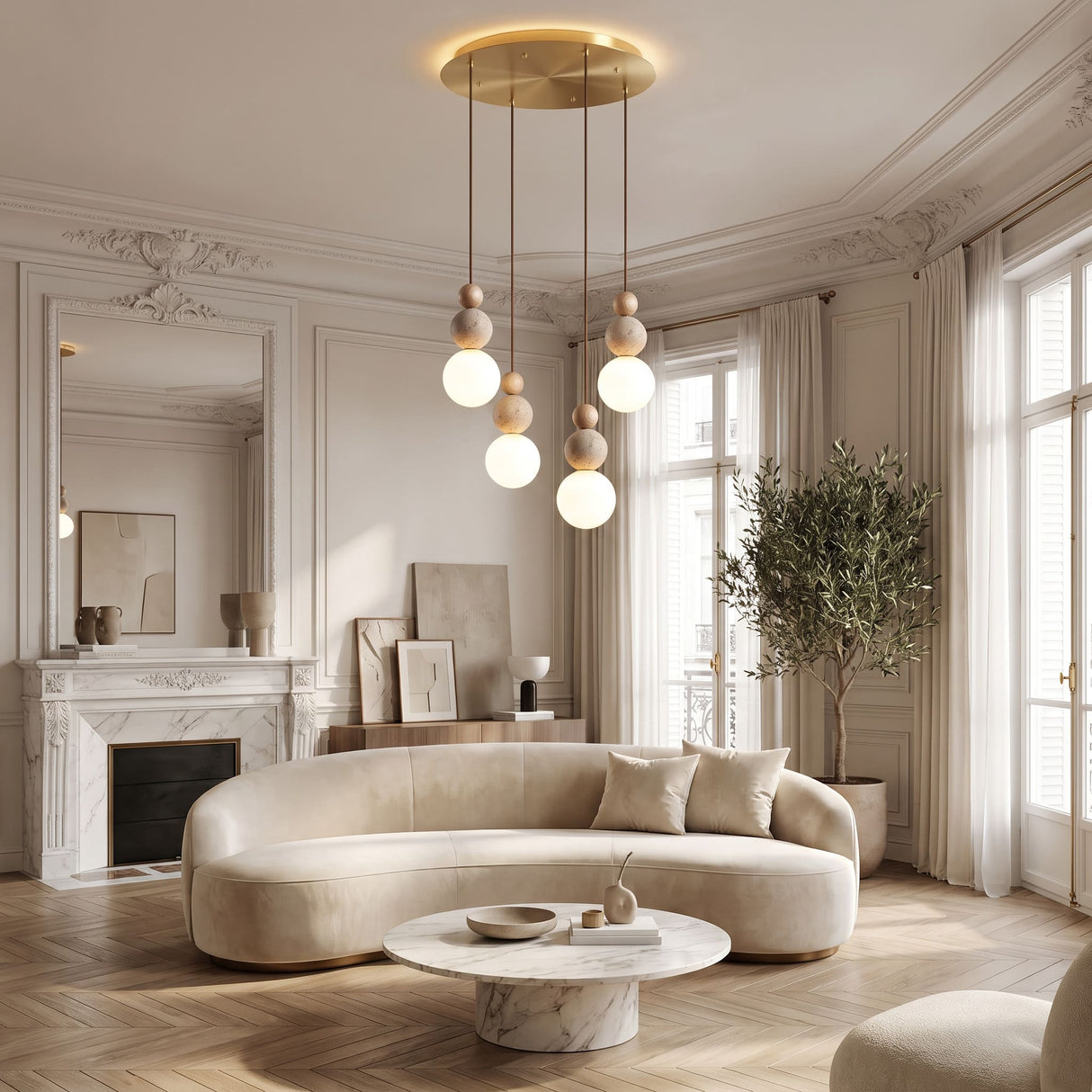 Suspension chic en verre opalin, pierre naturelle et bois | PERLINE