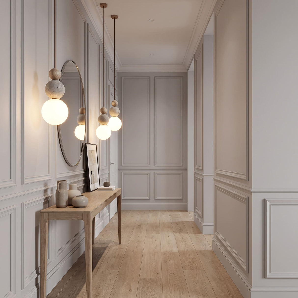Suspension chic en verre opalin, pierre naturelle et bois | PERLINE