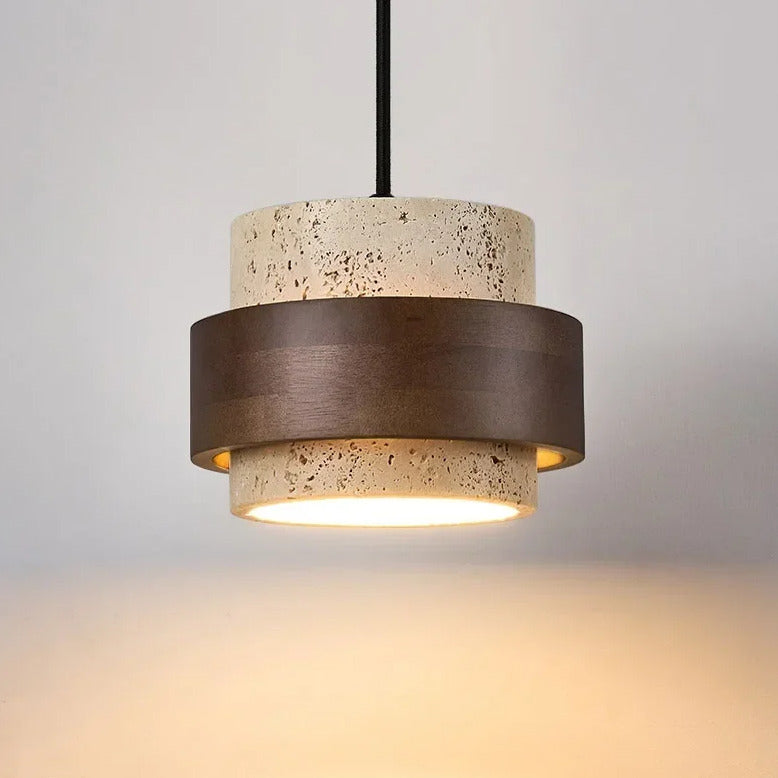 Suspension SATURNE en travertin naturelle et bois | lumeo creative
