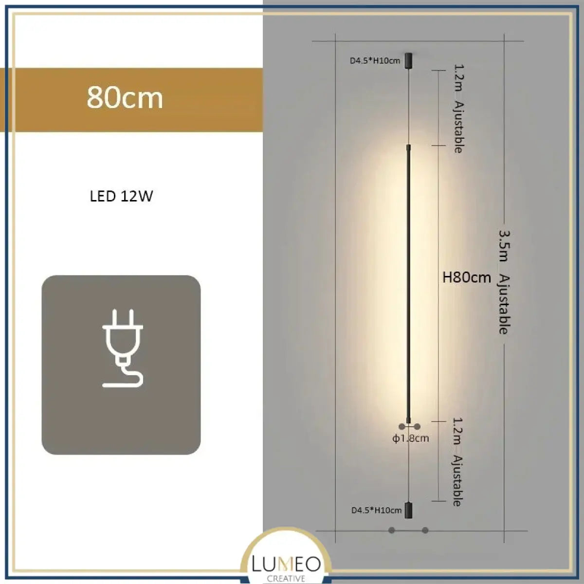 Tube lumineux mural vertical LED | Luminaire minimaliste avec option prise intégrée
