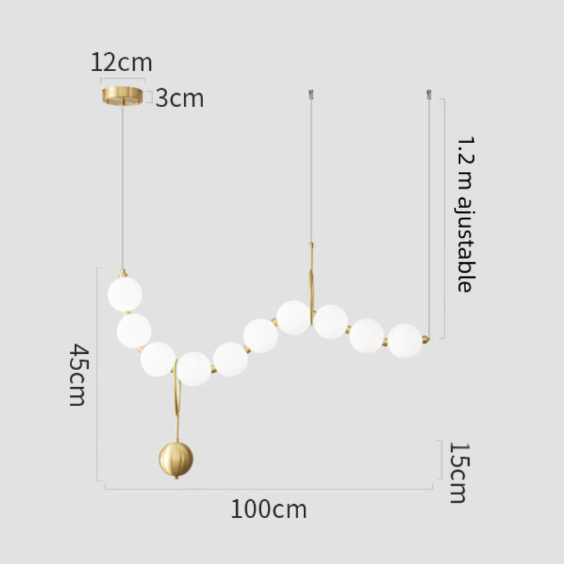 Lustre doré orné de perles en verre opalin | Luminaire chic Rectangulaire 10 boules / Blanc froid