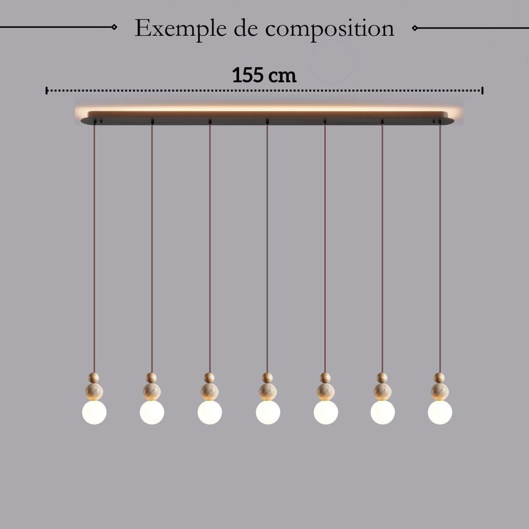 Suspension chic en verre opalin pierre naturelle et bois | PERLINE