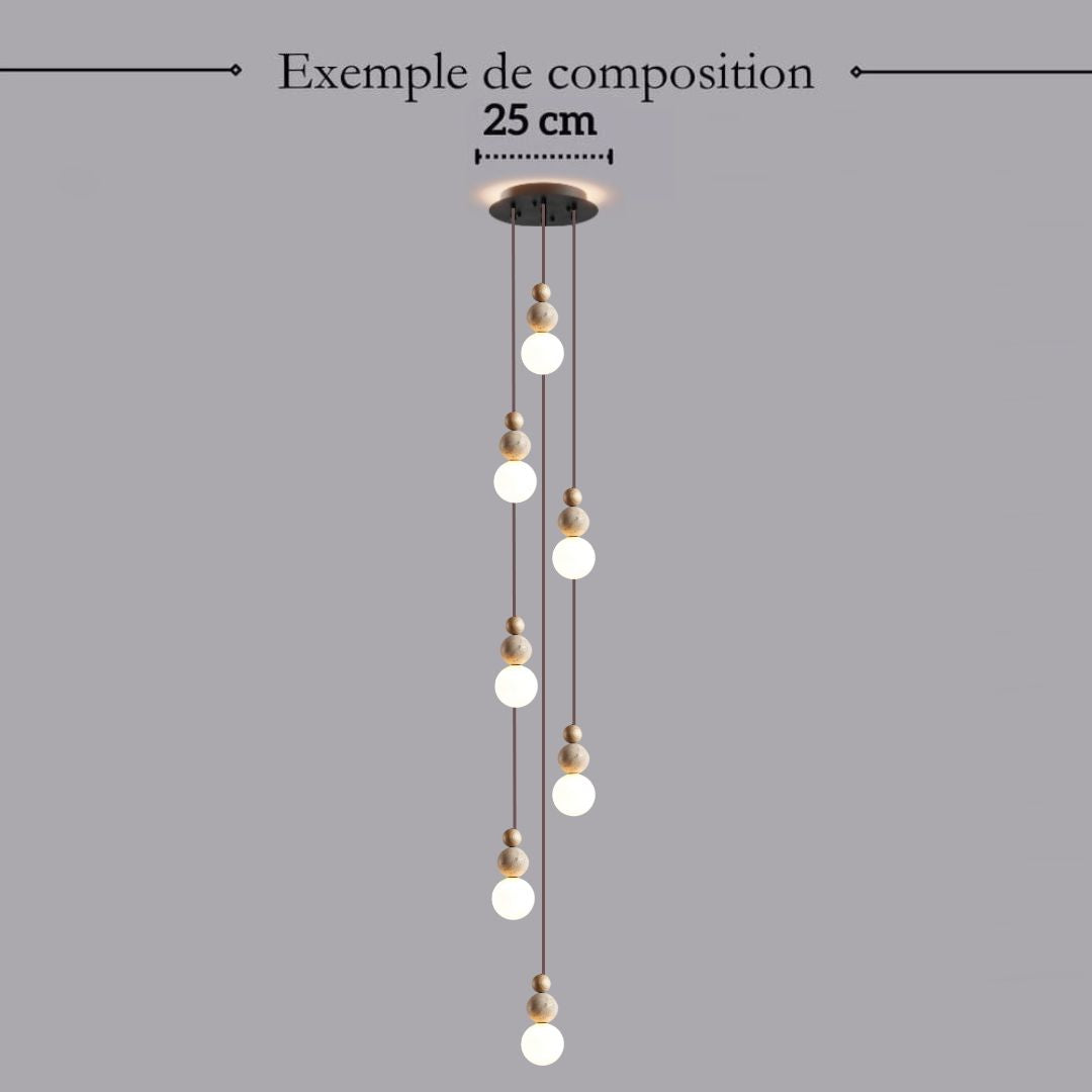 Suspension chic en verre opalin pierre naturelle et bois | PERLINE