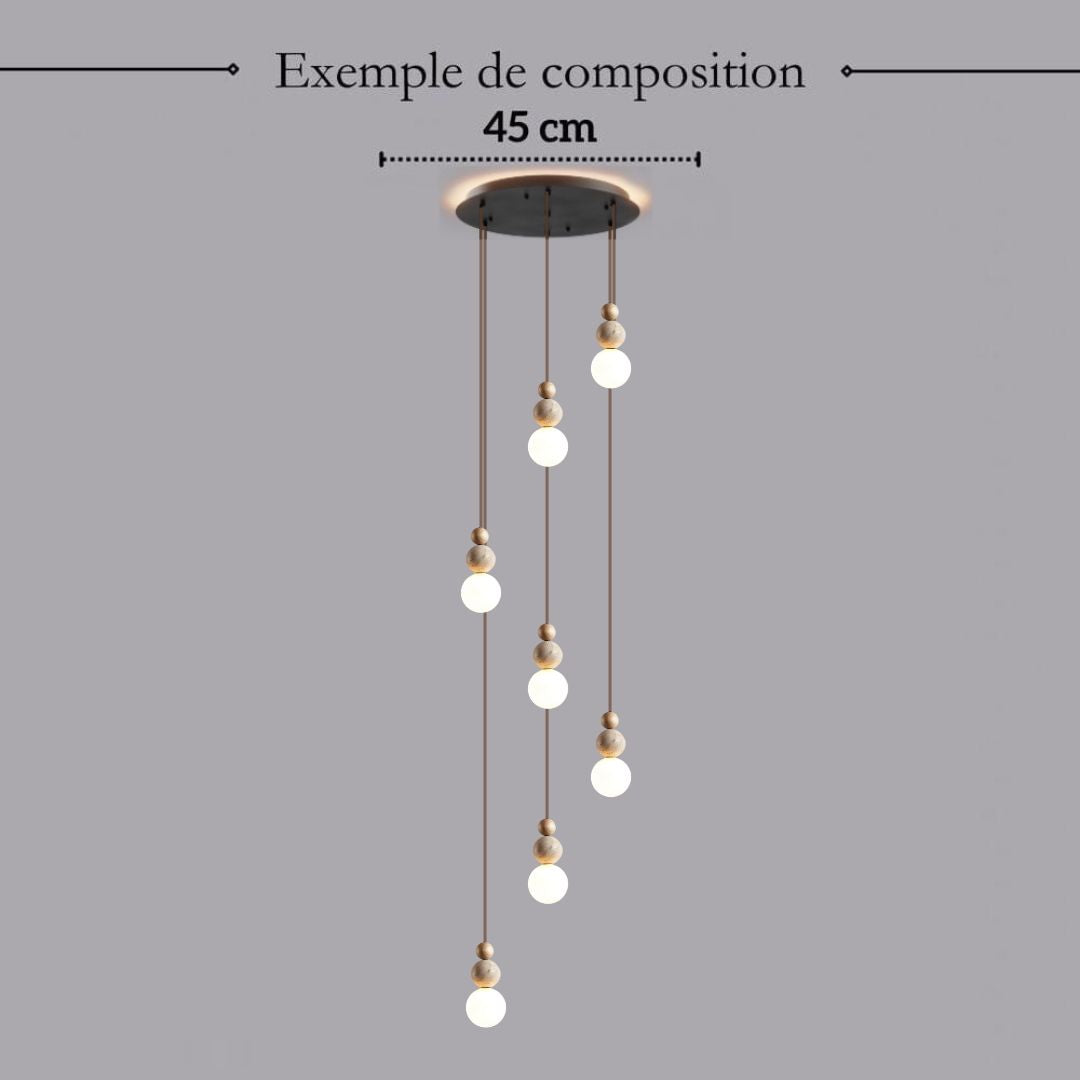 Suspension chic en verre opalin pierre naturelle et bois | PERLINE
