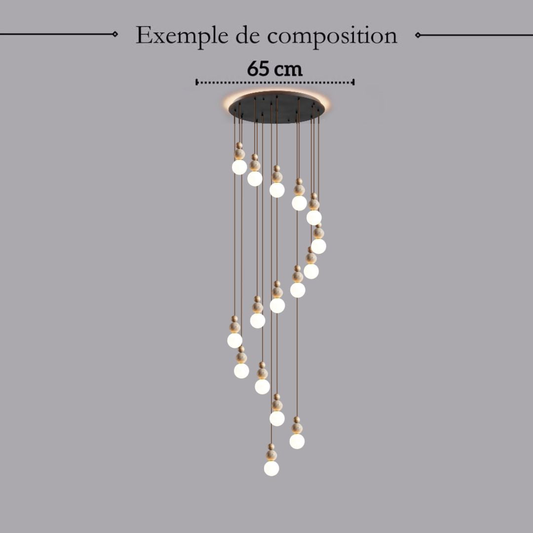 Suspension chic en verre opalin pierre naturelle et bois | PERLINE