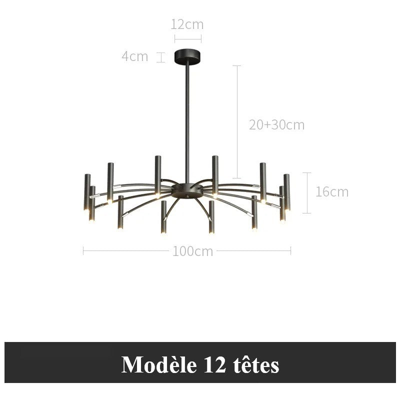 Lustre circulaire architectural en tubes à LED | Luminaire au design moderne Diamètre 100 cm 12 tubes / Noir / Blanc