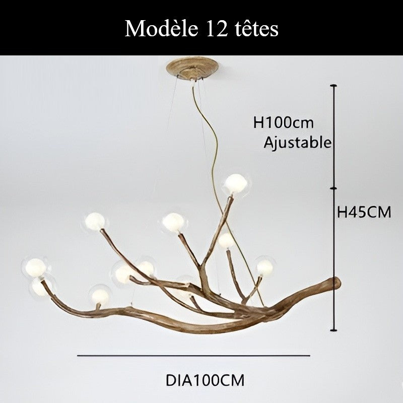 Lustre branche d’arbre à sphères lumineuses | Élégance rustique & design naturel Modèle A | 12 sphères / Blanc chaud