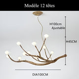 Lustre branche d’arbre à sphères lumineuses | Élégance rustique & design naturel Modèle A | 12 sphères / Blanc chaud