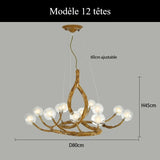 Lustre branche d’arbre à sphères lumineuses | Élégance rustique & design naturel Modèle B | 12 sphères / Blanc chaud