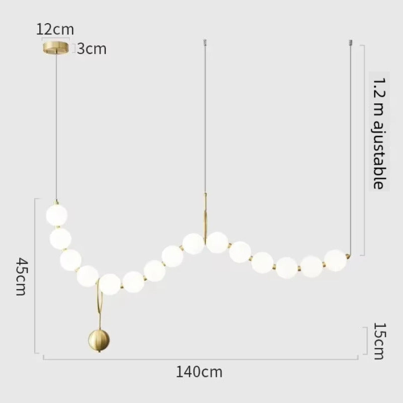 Lustre doré orné de perles en verre opalin | Luminaire chic Rectangulaire 15 boules / Blanc froid