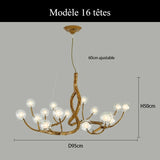 Lustre branche d’arbre à sphères lumineuses | Élégance rustique & design naturel Modèle B | 16 sphères / Blanc chaud