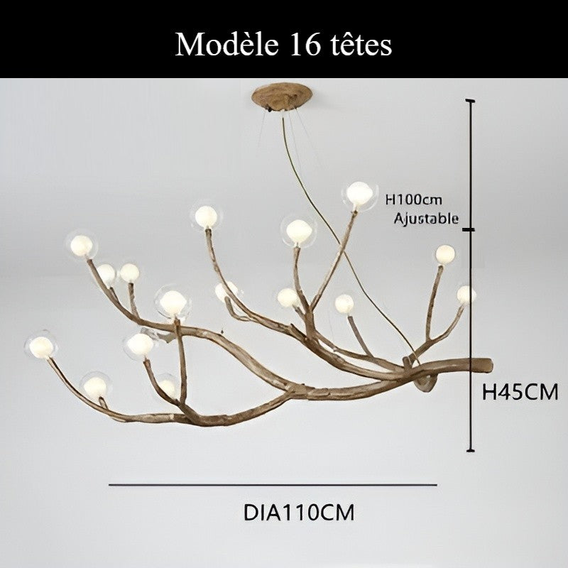 Lustre branche d’arbre à sphères lumineuses | Élégance rustique & design naturel Modèle A | 16 sphères / Blanc chaud