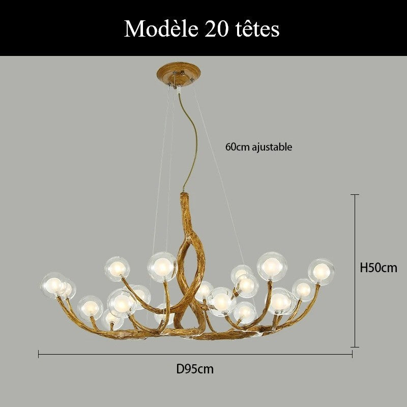 Lustre branche d’arbre à sphères lumineuses | Élégance rustique & design naturel Modèle B | 20 sphères / Blanc chaud