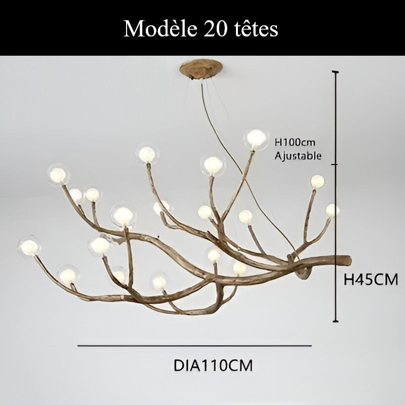 Lustre branche d’arbre à sphères lumineuses | Élégance rustique & design naturel Modèle A | 20 sphères / Blanc chaud